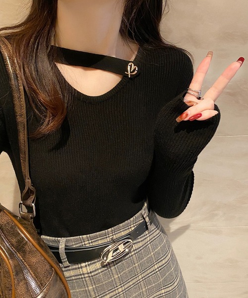 Lace Ladies(レースレディース)の「ハート モチーフ付き Vネック リブ ニット プルオーバー(ニット/セーター・レディース・ホワイト/グレー/ブラック/ブラウン・FREE)」の8枚目の写真