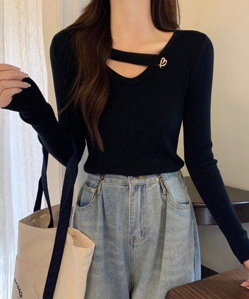 Lace Ladies(レースレディース)の「ハート モチーフ付き Vネック リブ ニット プルオーバー(ニット/セーター・レディース・ホワイト/グレー/ブラック/ブラウン・FREE)」の9枚目の写真