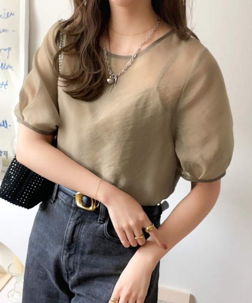 classicalelf（クラシカルエルフ）の「キャミソール付き！ドッキングシアートップス（半袖）（Tシャツ/カットソー・レディース・ベージュ/チャコール/グレイッシュベージュ/アイボリー/カーキ・LARGE/MEDIUM/SMALL/X-LARGE）」の12枚目の写真