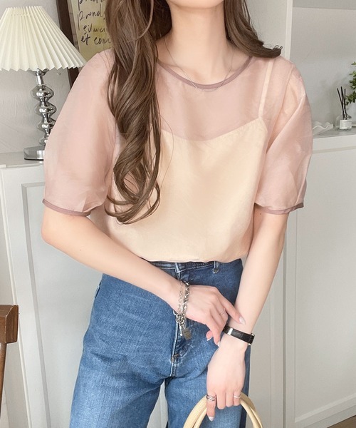 classicalelf（クラシカルエルフ）の「キャミソール付き！ドッキングシアートップス（半袖）（Tシャツ/カットソー・レディース・ベージュ/チャコール/グレイッシュベージュ/アイボリー/カーキ・LARGE/MEDIUM/SMALL/X-LARGE）」の9枚目の写真