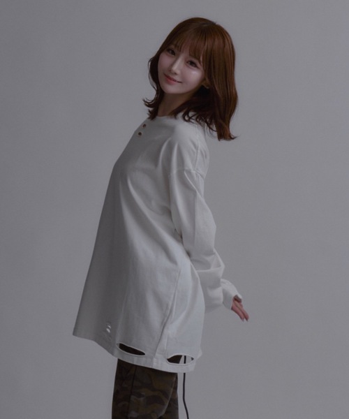 tシャツ 「ユニセックス」Damage Long Sleeve T-shirt / ダメージロングスリーブTシャツ レイヤードトップス レディース メ ユニセックス】Damage Long Sleeve T-shirt / ダメージロング