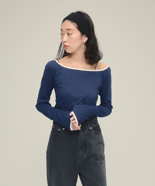 eL(エル)の「【eL】Color Trim Tee LS/291492(Tシャツ/カットソー・レディース・オフホワイト/ネイビー/ライトブルー・FREE)」の3枚目の写真