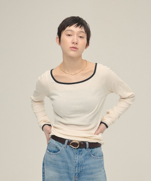 eL(エル)の「【eL】Color Trim Tee LS/291492(Tシャツ/カットソー・レディース・オフホワイト/ネイビー/ライトブルー・FREE)」の1枚目の写真