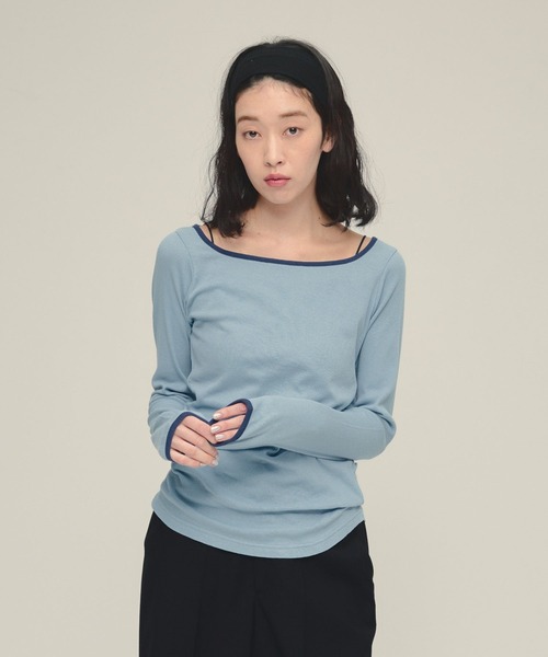 eL(エル)の「【eL】Color Trim Tee LS/291492(Tシャツ/カットソー・レディース・オフホワイト/ネイビー/ライトブルー・FREE)」の2枚目の写真