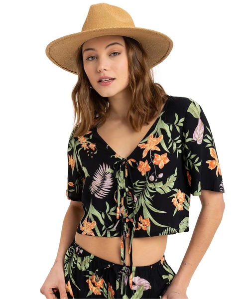 ROXY（ロキシー）の「PINK SUNSET/ロキシーボタニカル柄半袖トップス（シャツ/ブラウス・レディース・ホワイト×ブラック・MEDIUM/SMALL）」の4枚目の写真