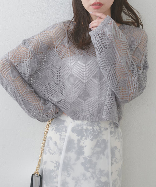 natural couture(ナチュラルクチュール)の「【WEB限定】シアーリーフ柄ニットプルオーバー(ニット/セーター・レディース・グレー/オフホワイト/ミント/ピンク・FREE)」の3枚目の写真