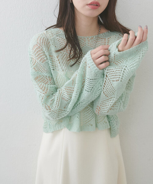 WEB限定】シアーリーフ柄ニットプルオーバー（ニット/セーター