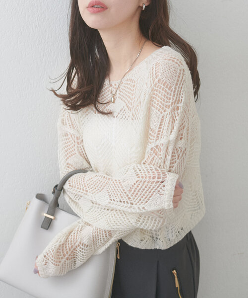 natural couture(ナチュラルクチュール)の「【WEB限定】シアーリーフ柄ニットプルオーバー(ニット/セーター・レディース・グレー/オフホワイト/ミント/ピンク・FREE)」の7枚目の写真