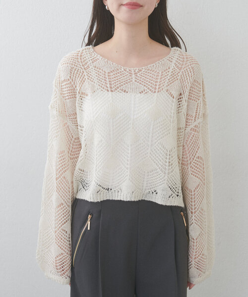 natural couture(ナチュラルクチュール)の「【WEB限定】シアーリーフ柄ニットプルオーバー(ニット/セーター・レディース・グレー/オフホワイト/ミント/ピンク・FREE)」の9枚目の写真