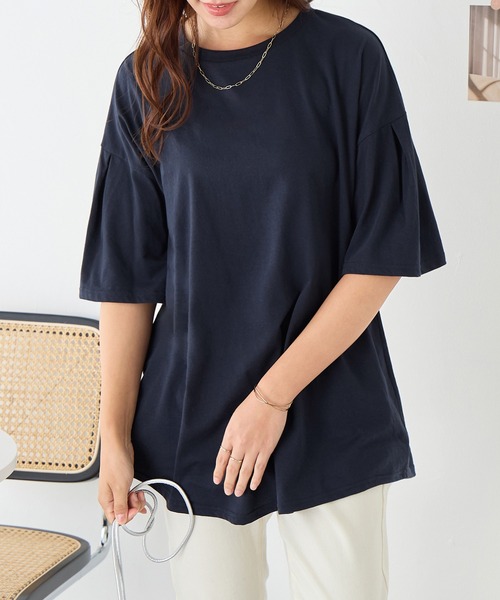 Viola e Viola(ヴィオラエヴィオラ)の「袖タックチュニックTシャツ(チュニック・レディース・ブラック/ネイビー/テラコッタ/グリーン・M/L/LL/3L)」の4枚目の写真
