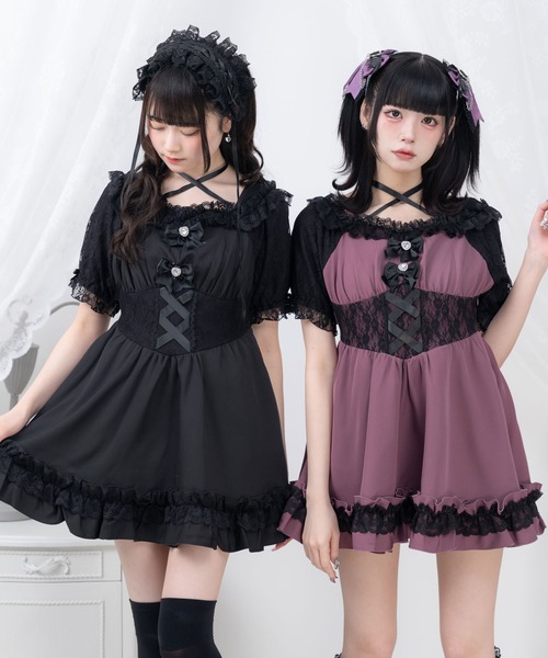 DearMyLove（ディアマイラブ）の「シャーリングバストレースアップワンピース（ワンピース・レディース・グレー/パープル/ブラック・MEDIUM/LARGE/LL）」の2枚目の写真