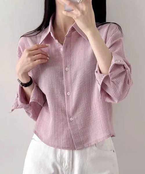 WESTSEA(ウエストシー)の「ややシアー感 × ややクロップド丈 ストライプ 長袖シャツ(シャツ/ブラウス・レディース・ホワイト/ピンク/ブルー・M/L)」の1枚目の写真