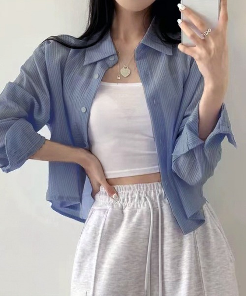 WESTSEA(ウエストシー)の「ややシアー感 × ややクロップド丈 ストライプ 長袖シャツ(シャツ/ブラウス・レディース・ホワイト/ピンク/ブルー・M/L)」の3枚目の写真