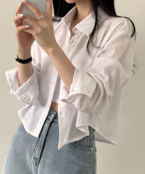 WESTSEA(ウエストシー)の「ややシアー感 × ややクロップド丈 ストライプ 長袖シャツ(シャツ/ブラウス・レディース・ホワイト/ピンク/ブルー・M/L)」の4枚目の写真