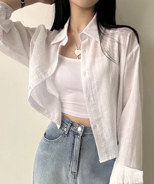 WESTSEA(ウエストシー)の「ややシアー感 × ややクロップド丈 ストライプ 長袖シャツ(シャツ/ブラウス・レディース・ホワイト/ピンク/ブルー・M/L)」の5枚目の写真