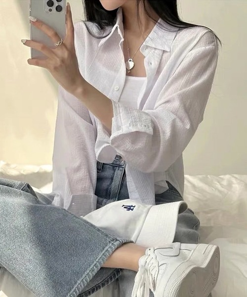 WESTSEA(ウエストシー)の「ややシアー感 × ややクロップド丈 ストライプ 長袖シャツ(シャツ/ブラウス・レディース・ホワイト/ピンク/ブルー・M/L)」の6枚目の写真