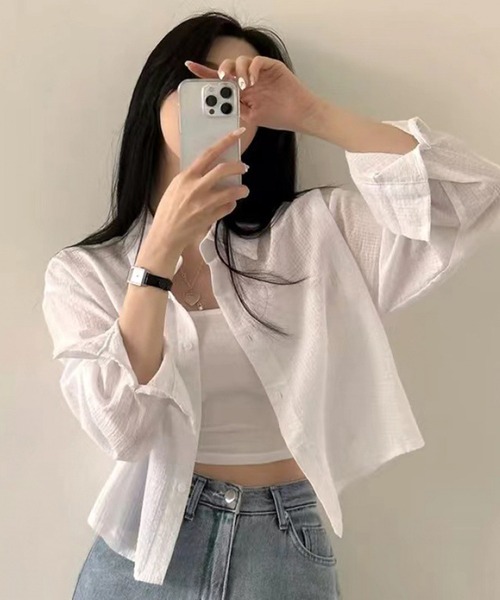 WESTSEA(ウエストシー)の「ややシアー感 × ややクロップド丈 ストライプ 長袖シャツ(シャツ/ブラウス・レディース・ホワイト/ピンク/ブルー・M/L)」の7枚目の写真