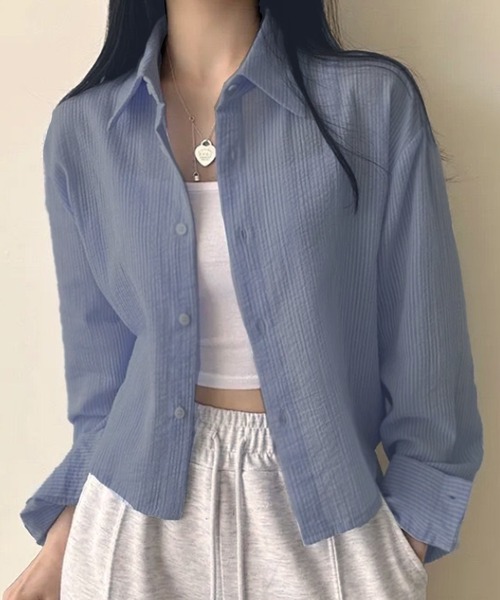 WESTSEA(ウエストシー)の「ややシアー感 × ややクロップド丈 ストライプ 長袖シャツ(シャツ/ブラウス・レディース・ホワイト/ピンク/ブルー・M/L)」の8枚目の写真