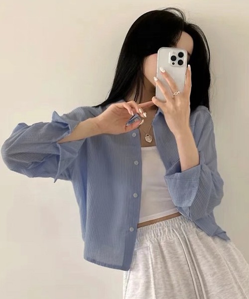 WESTSEA(ウエストシー)の「ややシアー感 × ややクロップド丈 ストライプ 長袖シャツ(シャツ/ブラウス・レディース・ホワイト/ピンク/ブルー・M/L)」の9枚目の写真