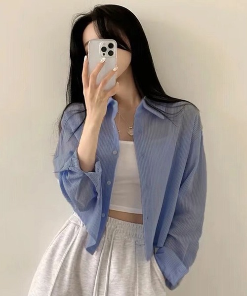 WESTSEA(ウエストシー)の「ややシアー感 × ややクロップド丈 ストライプ 長袖シャツ(シャツ/ブラウス・レディース・ホワイト/ピンク/ブルー・M/L)」の10枚目の写真