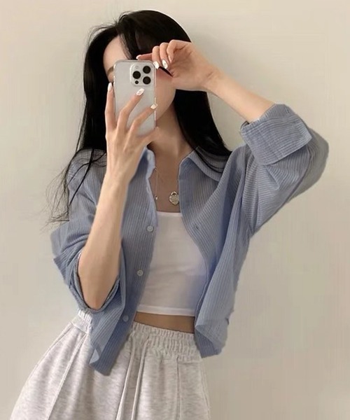 WESTSEA(ウエストシー)の「ややシアー感 × ややクロップド丈 ストライプ 長袖シャツ(シャツ/ブラウス・レディース・ホワイト/ピンク/ブルー・M/L)」の11枚目の写真