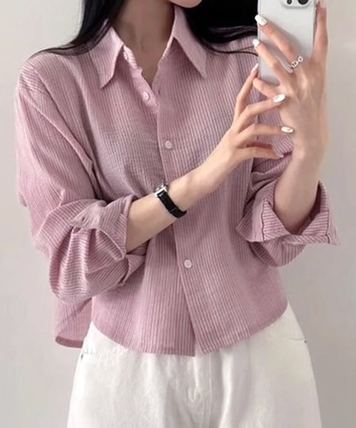WESTSEA(ウエストシー)の「ややシアー感 × ややクロップド丈 ストライプ 長袖シャツ(シャツ/ブラウス・レディース・ホワイト/ピンク/ブルー・M/L)」の12枚目の写真
