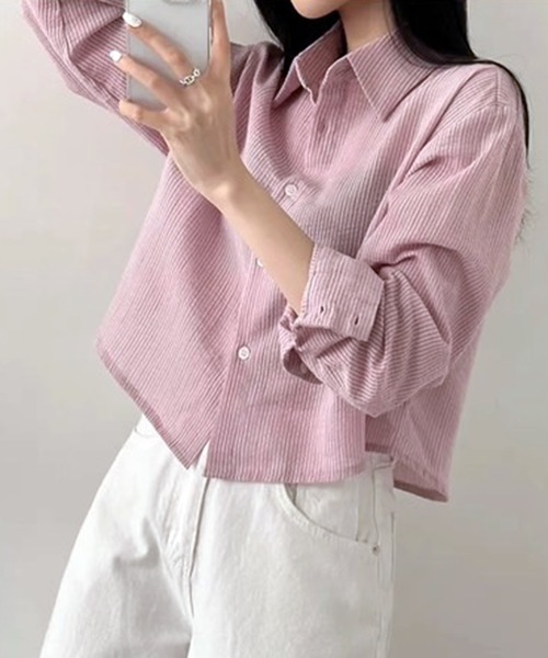 WESTSEA(ウエストシー)の「ややシアー感 × ややクロップド丈 ストライプ 長袖シャツ(シャツ/ブラウス・レディース・ホワイト/ピンク/ブルー・M/L)」の14枚目の写真