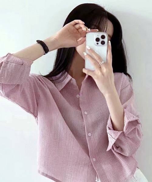 WESTSEA(ウエストシー)の「ややシアー感 × ややクロップド丈 ストライプ 長袖シャツ(シャツ/ブラウス・レディース・ホワイト/ピンク/ブルー・M/L)」の15枚目の写真