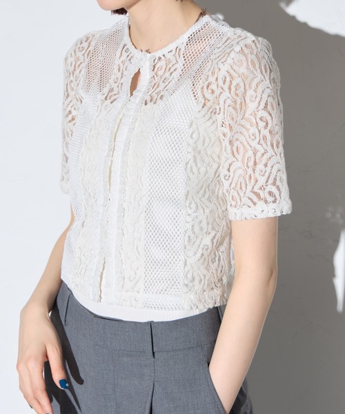 ロイスクレヨン　レース編み半袖カーディガン Lois CRAYON - LaceMade フレンチ レッド ニット カーディガン
