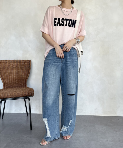 美品　ドゥドゥ　前後2wayシアーインターシャツ　ロゴニット セール】前後2WAYシアーインターシャEASTONロゴニット（ニット