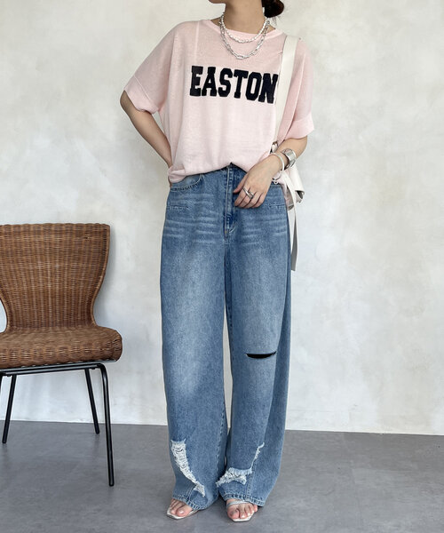 美品　ドゥドゥ　前後2wayシアーインターシャツ　ロゴニット セール】前後2WAYシアーインターシャEASTONロゴニット（ニット
