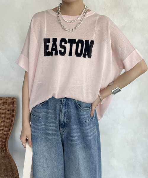 新品タグ付きDOUDOU 前後2WAYシアーインターシャEASTONロゴニット セール】前後2WAYシアーインターシャEASTONロゴニット（ニット