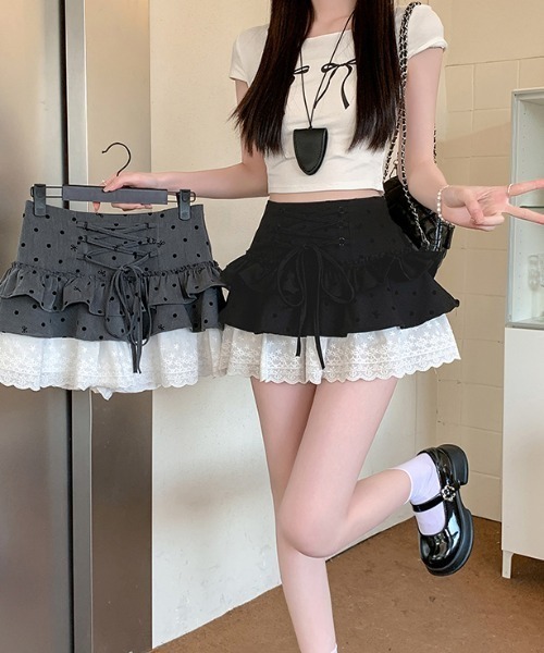 Mejoul（メジュール）の「ドットフロントレースアップフリルミニスカート（スカート・レディース・ブラック/グレー・S/M）」の14枚目の写真
