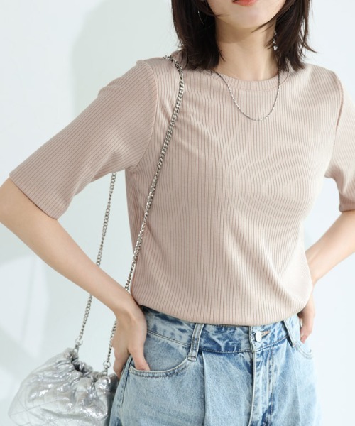Pierrot（ピエロ）の「【キシリトール加工】五分袖リブカットソー（Tシャツ/カットソー・レディース・オフホワイト/ブラック/ベージュ/イエロー・M/L）」の3枚目の写真