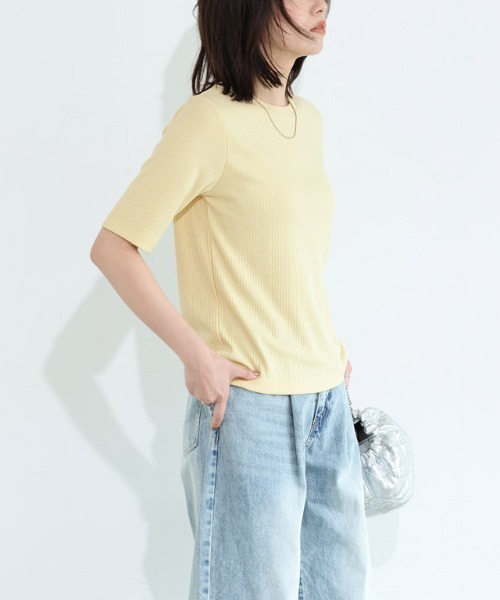 Pierrot（ピエロ）の「【キシリトール加工】五分袖リブカットソー（Tシャツ/カットソー・レディース・オフホワイト/ブラック/ベージュ/イエロー・M/L）」の12枚目の写真