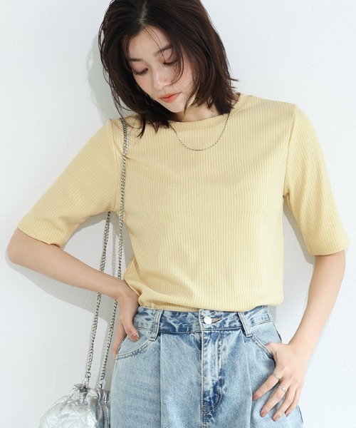 Pierrot（ピエロ）の「【キシリトール加工】五分袖リブカットソー（Tシャツ/カットソー・レディース・オフホワイト/ブラック/ベージュ/イエロー・M/L）」の13枚目の写真