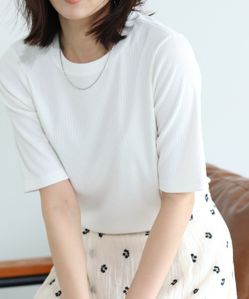 セール】【キシリトール加工】五分袖リブカットソー（Tシャツ