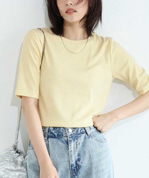 Pierrot（ピエロ）の「【キシリトール加工】五分袖リブカットソー（Tシャツ/カットソー・レディース・オフホワイト/ブラック/ベージュ/イエロー・M/L）」の9枚目の写真