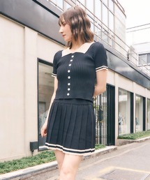 配色ニット プリーツスカート セットアップ