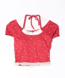 onum（オヌム）の「リボンキャミ付きトップス/レイヤード風ハート柄クロップトップ（Tシャツ/カットソー）」