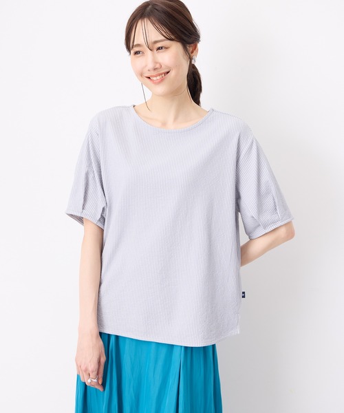 Petit Honfleur（プチオンフルール）の「【接触冷感】サッカーストライププルオーバー（Tシャツ/カットソー・レディース・ブルー/グレー/ベージュ・M/L）」の2枚目の写真