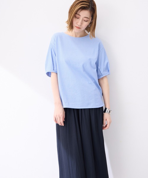 Petit Honfleur（プチオンフルール）の「【接触冷感】サッカーストライププルオーバー（Tシャツ/カットソー・レディース・ブルー/グレー/ベージュ・M/L）」の14枚目の写真