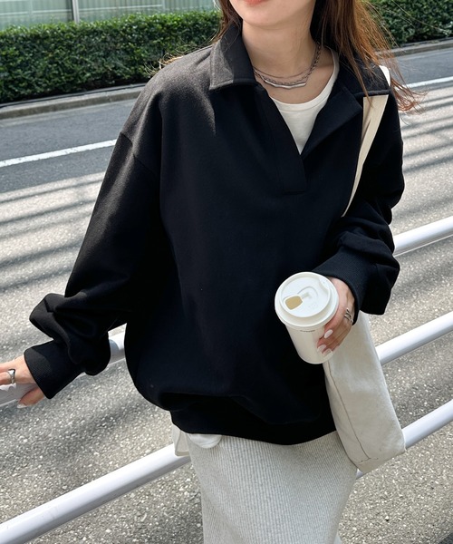 RANAN（ラナン）の「裏起毛ポロ襟オーバーサイズスウェット（スウェット・レディース・アイボリー/ブラック/グレー/イエロー・M-L/L-XL）」の3枚目の写真