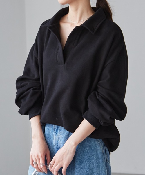 RANAN（ラナン）の「裏起毛ポロ襟オーバーサイズスウェット（スウェット・レディース・アイボリー/ブラック/グレー/イエロー・M-L/L-XL）」の6枚目の写真