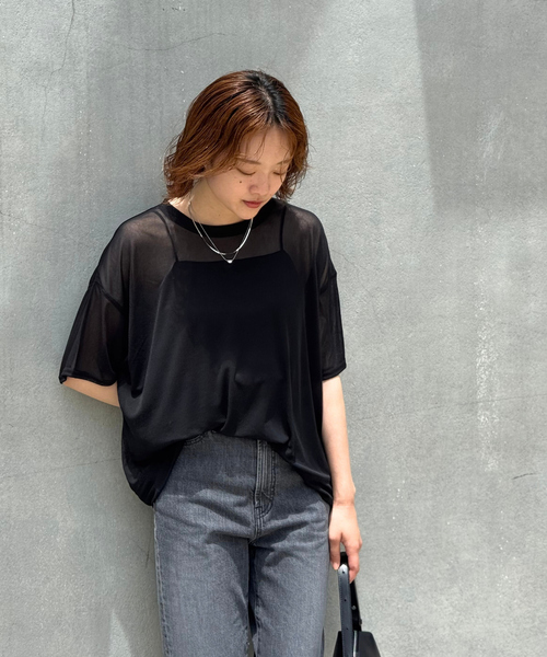 qualite scape（カリテ スケープ）の「【インナーキャミソール付き】シアードルマンTシャツ/涼しげシアーTシャツ/着回し/5分袖/大人シアーTシャツ（Tシャツ/カットソー・レディース・ブラック/ホワイト・フリー）」の22枚目の写真