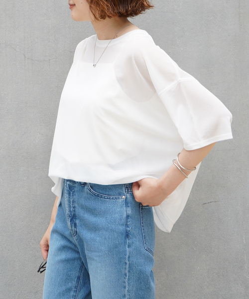 qualite scape（カリテ スケープ）の「【インナーキャミソール付き】シアードルマンTシャツ/涼しげシアーTシャツ/着回し/5分袖/大人シアーTシャツ（Tシャツ/カットソー・レディース・ブラック/ホワイト・フリー）」の18枚目の写真