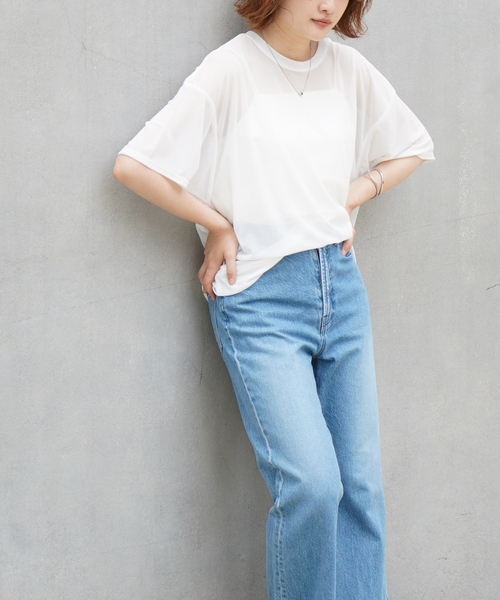 qualite scape（カリテ スケープ）の「【インナーキャミソール付き】シアードルマンTシャツ/涼しげシアーTシャツ/着回し/5分袖/大人シアーTシャツ（Tシャツ/カットソー・レディース・ブラック/ホワイト・フリー）」の15枚目の写真