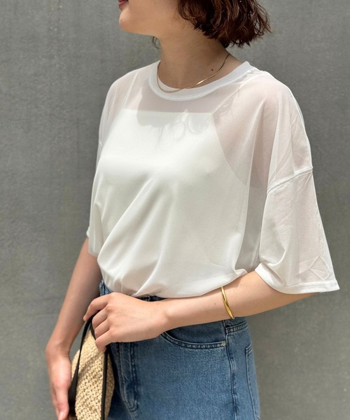 qualite scape（カリテ スケープ）の「【インナーキャミソール付き】シアードルマンTシャツ/涼しげシアーTシャツ/着回し/5分袖/大人シアーTシャツ（Tシャツ/カットソー・レディース・ブラック/ホワイト・フリー）」の2枚目の写真