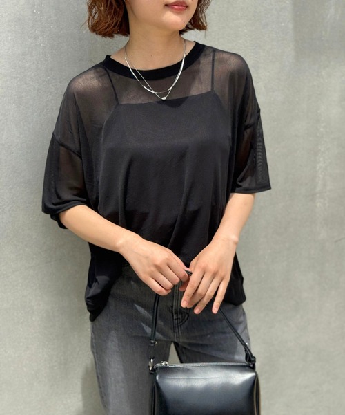 qualite scape（カリテ スケープ）の「【インナーキャミソール付き】シアードルマンTシャツ/涼しげシアーTシャツ/着回し/5分袖/大人シアーTシャツ（Tシャツ/カットソー・レディース・ブラック/ホワイト・フリー）」の14枚目の写真