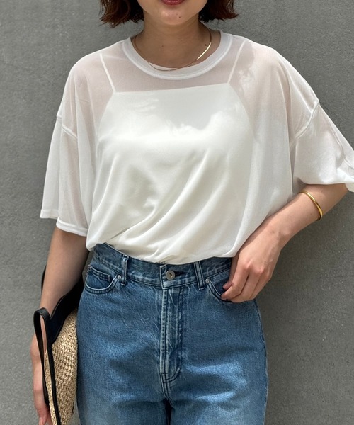 qualite scape（カリテ スケープ）の「【インナーキャミソール付き】シアードルマンTシャツ/涼しげシアーTシャツ/着回し/5分袖/大人シアーTシャツ（Tシャツ/カットソー・レディース・ブラック/ホワイト・フリー）」の10枚目の写真